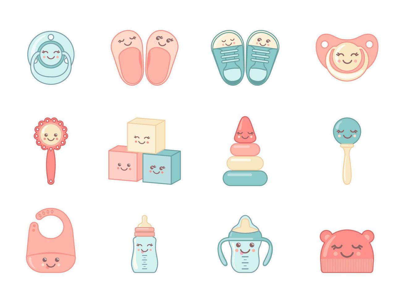 Set of cute baby elements with kawaii faces isolated on white background. Baby shower collection. Vector illustration.