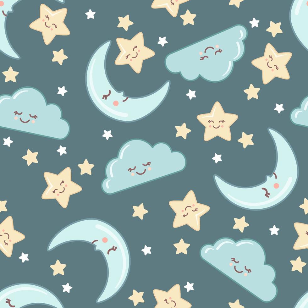 Cute seamless pattern of sky with kawaii faces. Background with cloud, moon and star. Vector illustration. Design element for kids, baby shower and nursery decor.