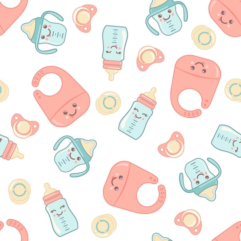 Cute baby shower seamless pattern with kawaii faces isolated on white background. Vector illustration. Design element for fabric, textile, wallpaper or nursery decor.