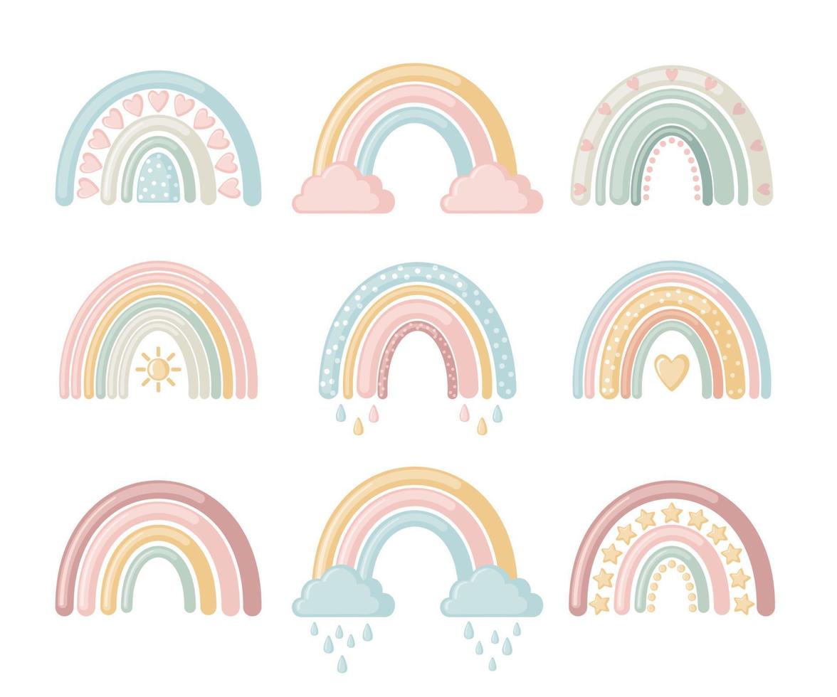 ambientado con lindos arco iris en estilo plano aislado sobre fondo blanco. ilustración vectorial elemento de diseño para niños, baby shower y decoración de guardería. vector