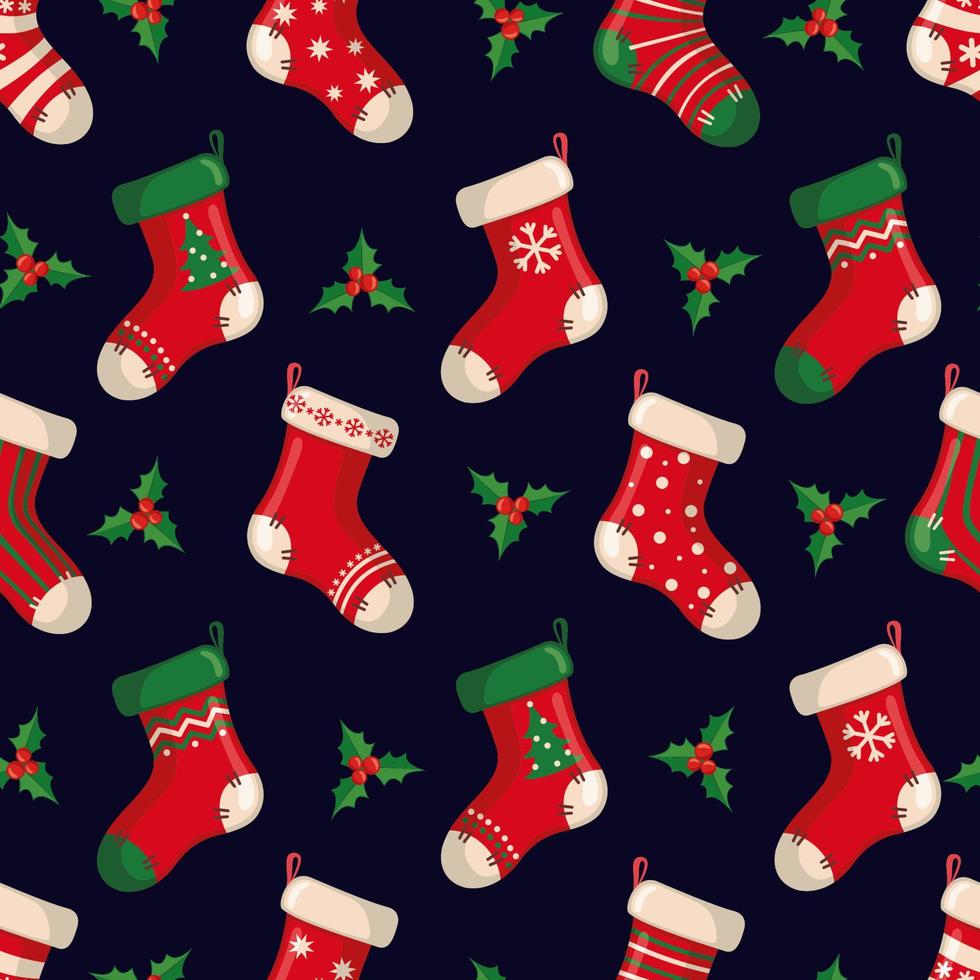 Cute seamless pattern with red Santas socks in flat style for Christmas and New Year holiday. Vector illustration. Design element for textile, fabric, wallpaper or etc.