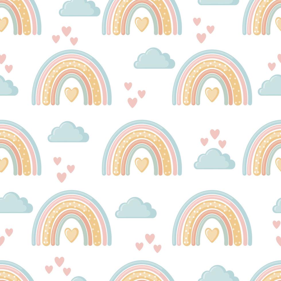 Cute seamless pattern with rainbows, clouds and hearts isolated on white background. Vector illustration. Design element for kids, baby shower and nursery decor.