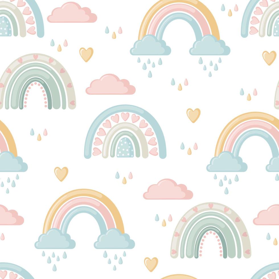 lindo patrón sin costuras con arco iris, nubes y corazones aislados en fondo blanco. ilustración vectorial elemento de diseño para niños, baby shower y decoración de guardería. vector