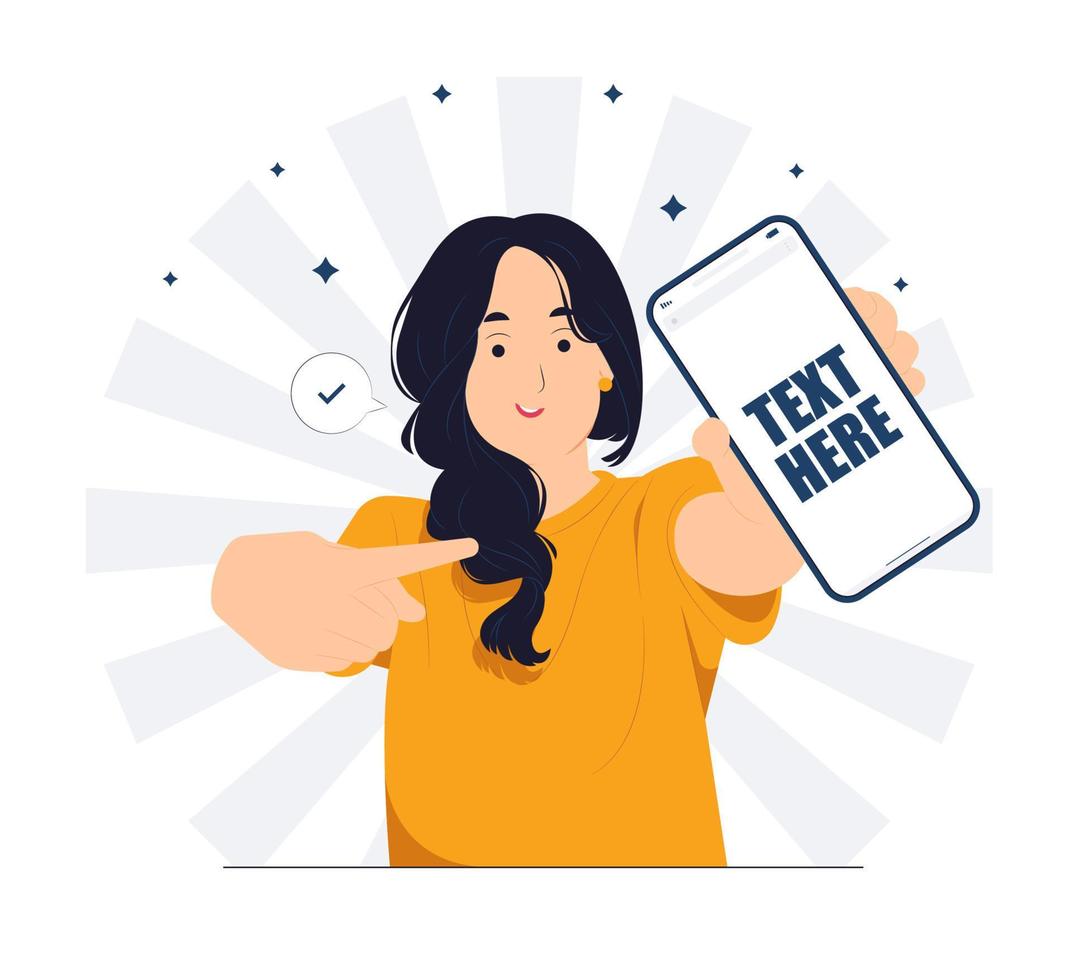 Smiling girl holding mobile smart phone standing and showing thumbs up positive gesture. Ok sign concept illustration vector