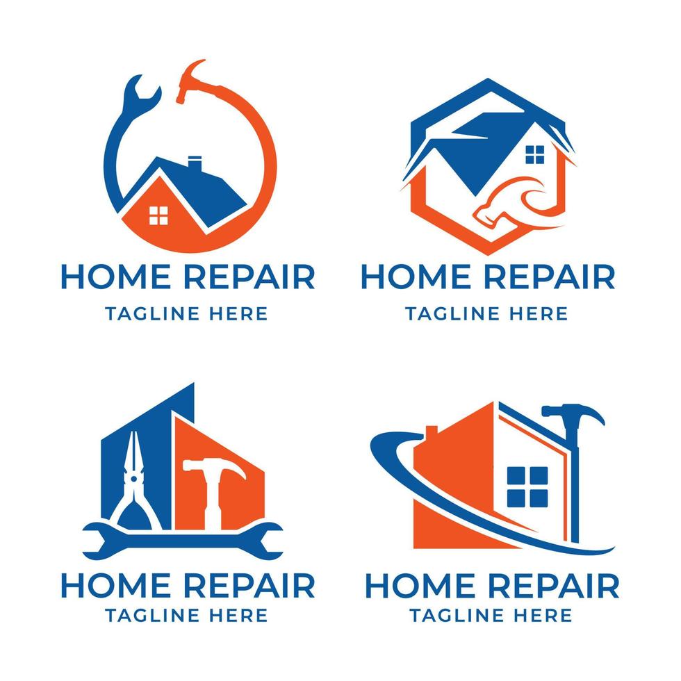 House Repair Logo Bundle. Orange and Blue House Logo with Hammer and Handyman Tools Vector Illustration.