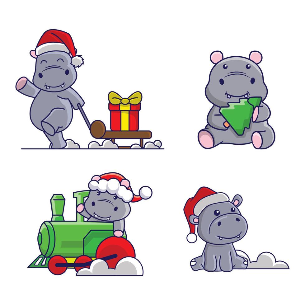 Funny Hippo in Christmas costume and gift vector
