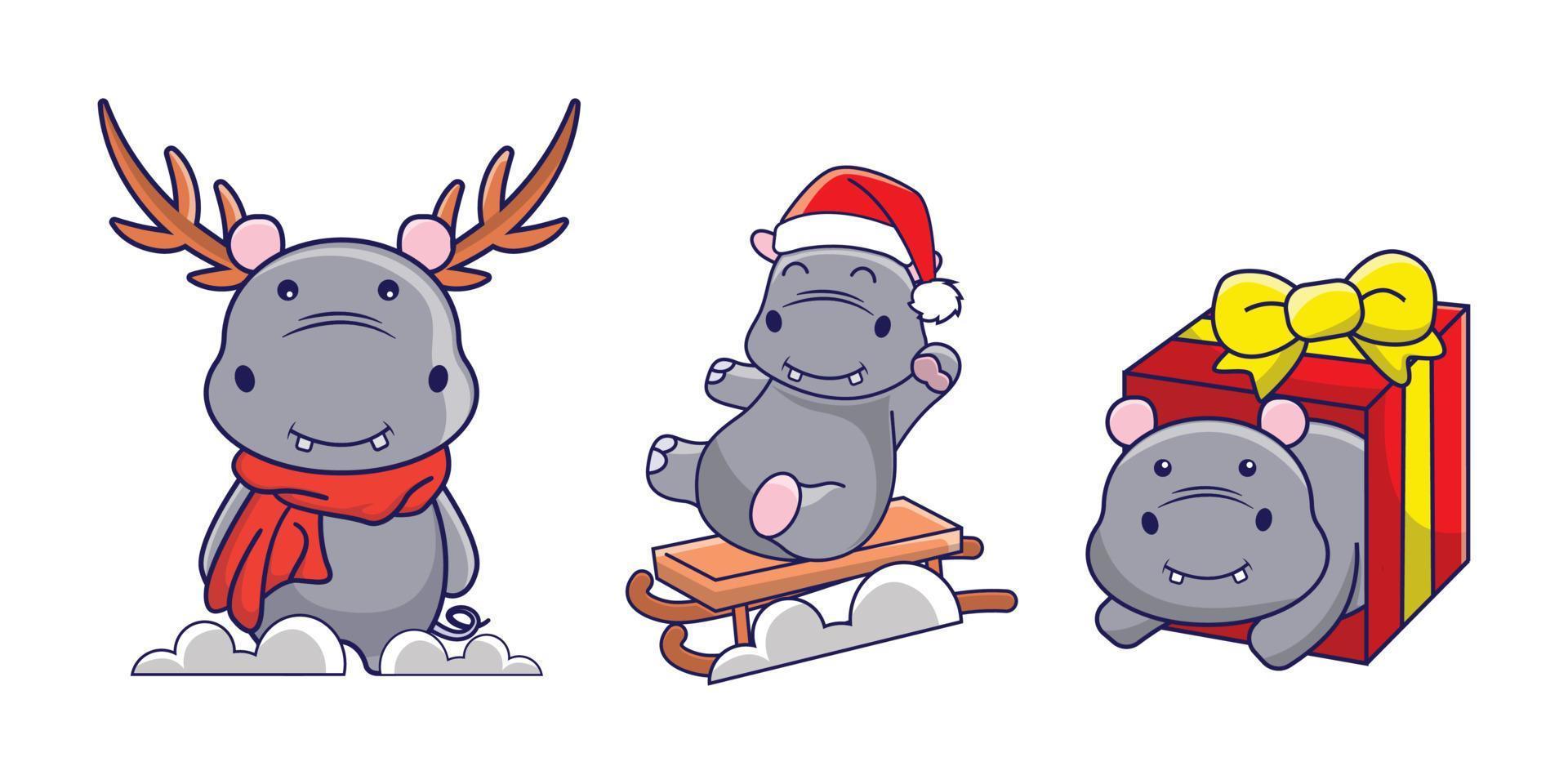 Funny Hippo in Christmas costume and gift vector