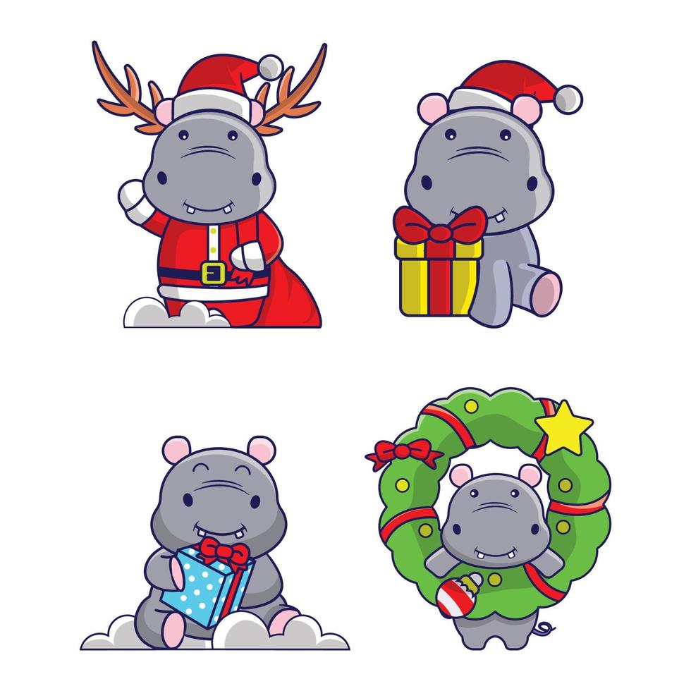 Funny Hippo in Christmas costume and gift vector