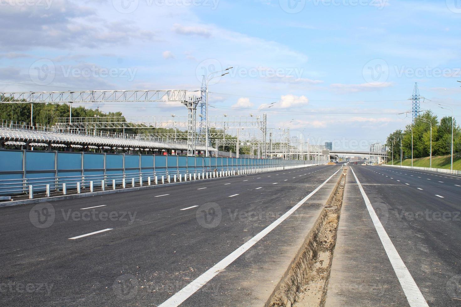 New traffic intersection road construction site. Development of Transport infrastructure junction, improvement highway. Overpopulation problem. Erection overpass of northeast chord in Moscow, Russia photo