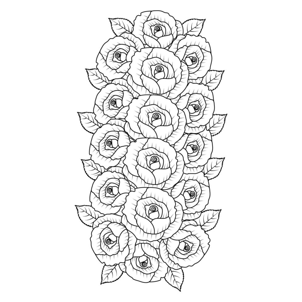 flower coloring page of rose illustration and rose line art with leaves pencil drawing vector