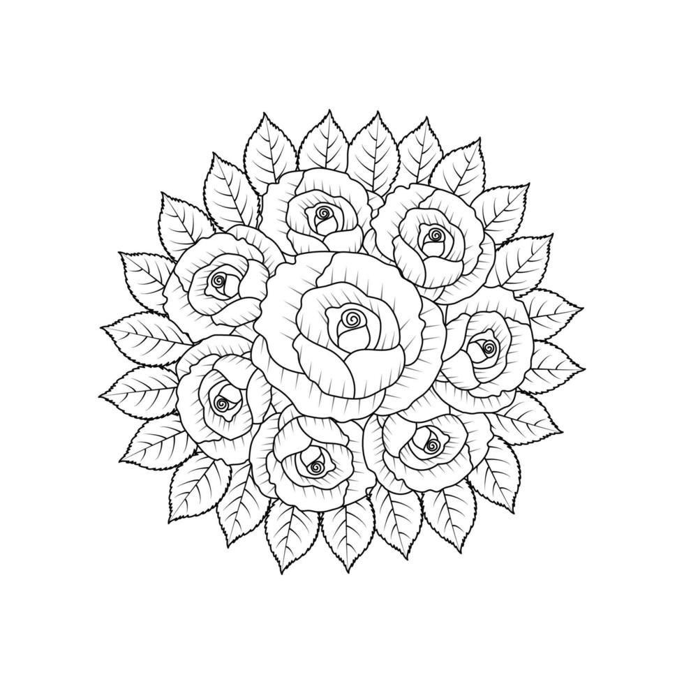 flower coloring page of rose illustration and rose line art with leaves pencil drawing vector
