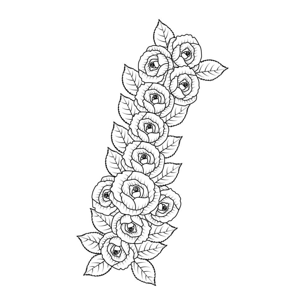 flower coloring page of rose illustration and rose line art with leaves pencil drawing vector