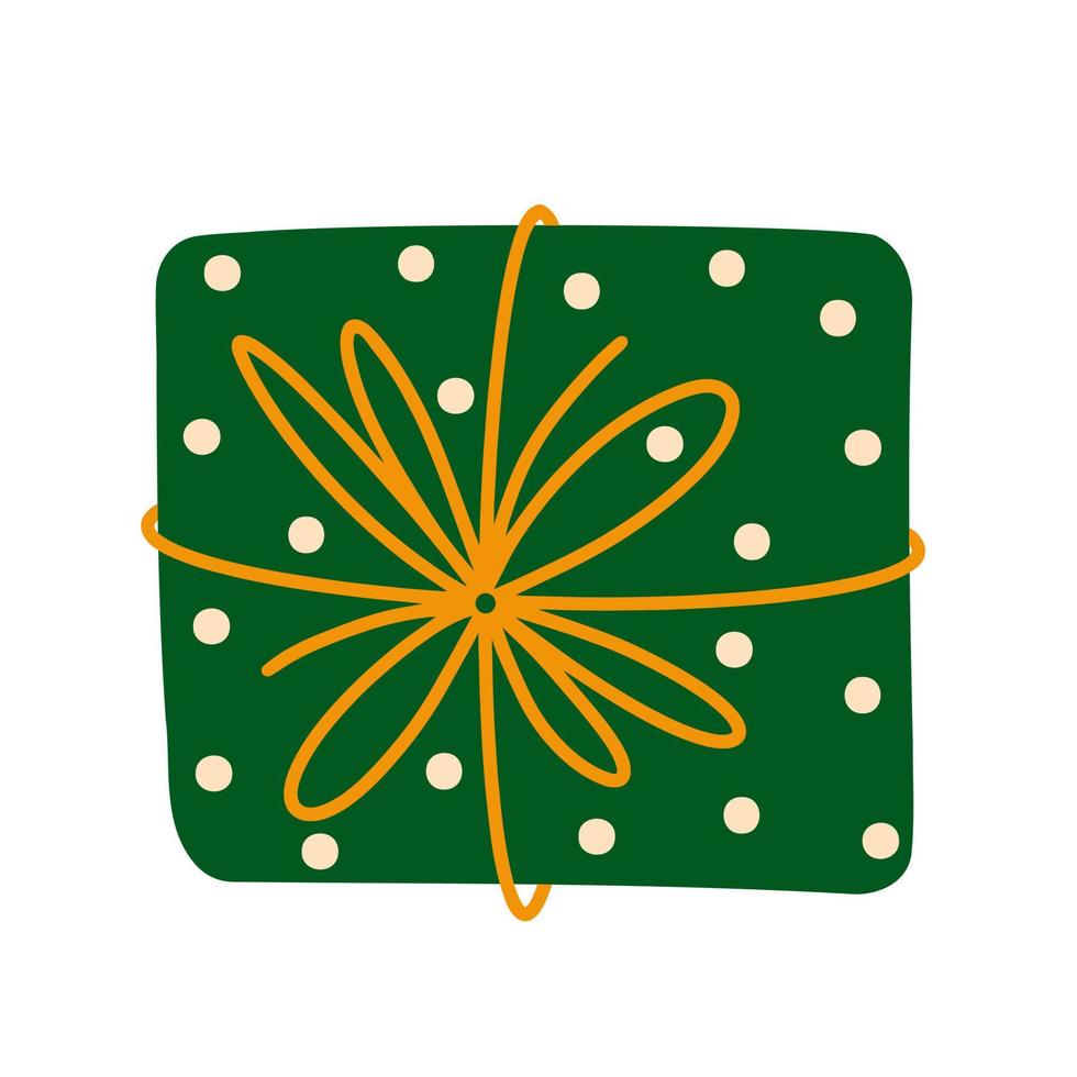 icono de vector de caja de regalo verde brillante sorpresa. regalo para navidad, cumpleaños. embalaje de lunares envuelto con una cinta dorada, con un lazo. clipart plano aislado en blanco. ilustración para tarjetas, impresión