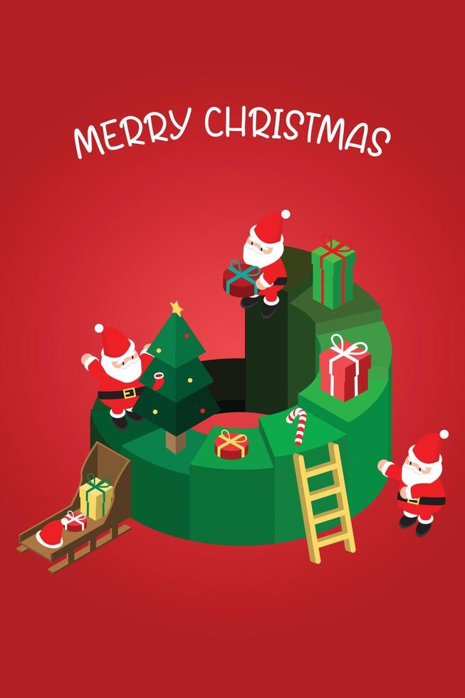 plantilla de banner de navidad isométrica con santa y caja de regalo de navidad vector