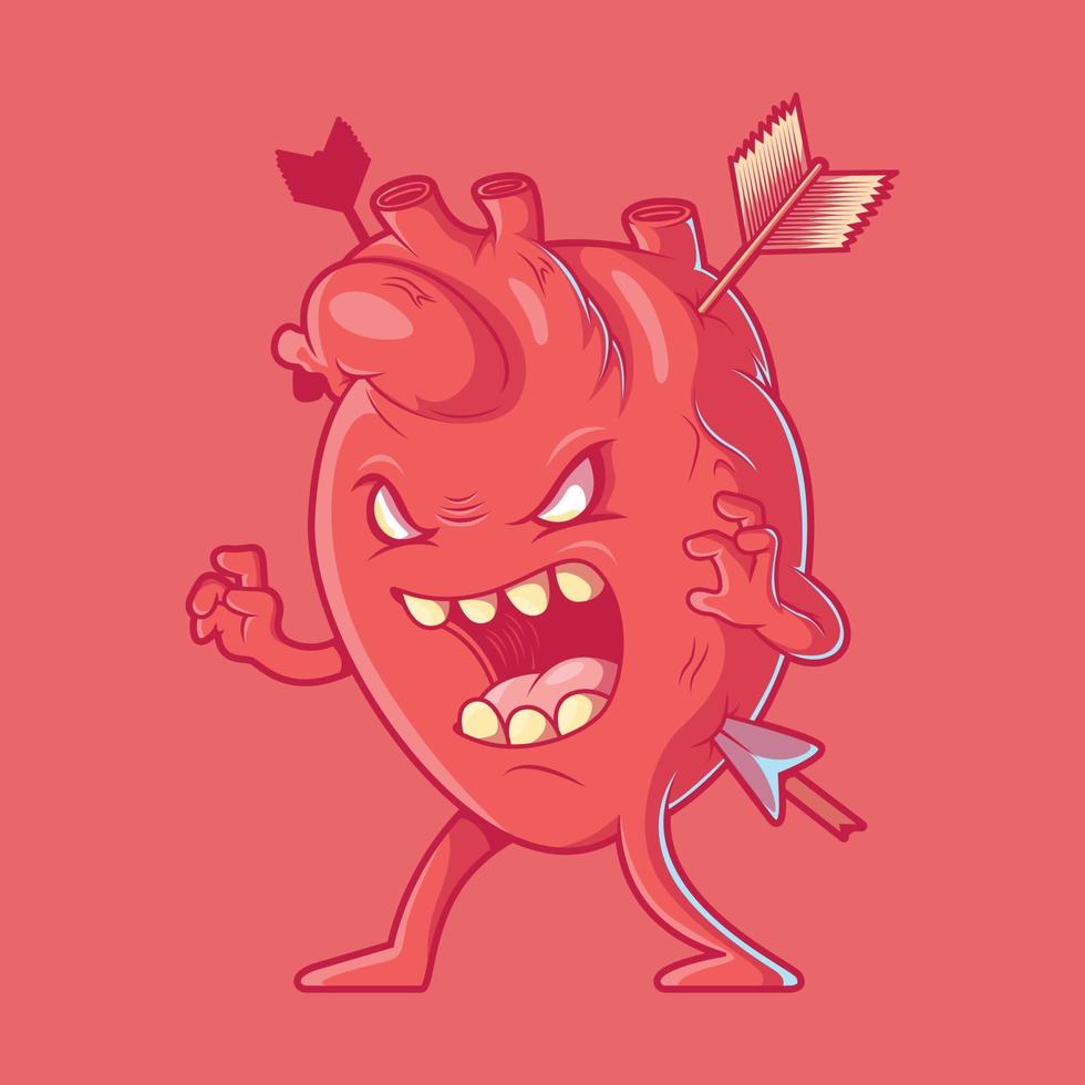 Ilustración de vector de personaje de corazón pequeño monstruo lindo. concepto de diseño de amor, divertido y aterrador.