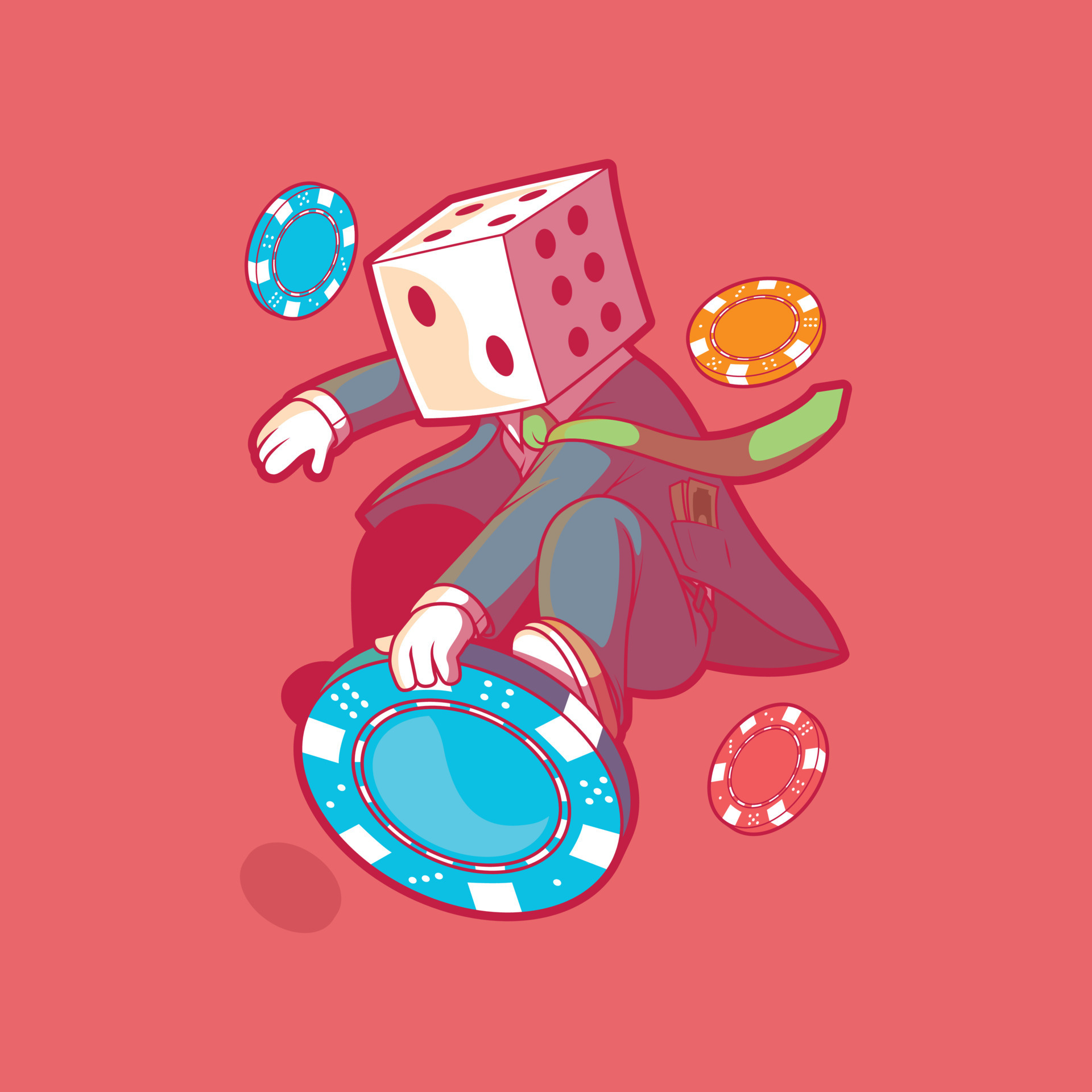 Dice head character surfing a casino chip vector illustration. Gaming