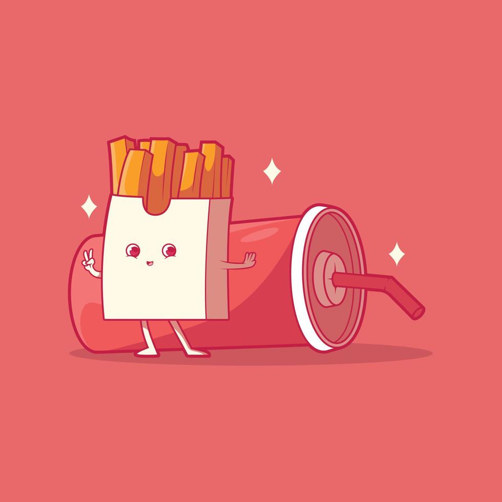 Happy french fries character with soda vector illustration. Food, funny, brand design concept.