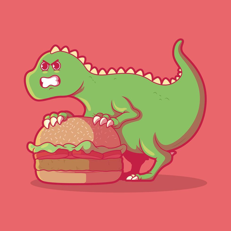 lindo dino sosteniendo una ilustración de vector de hamburguesa. comida, animal, concepto de diseño de marca.