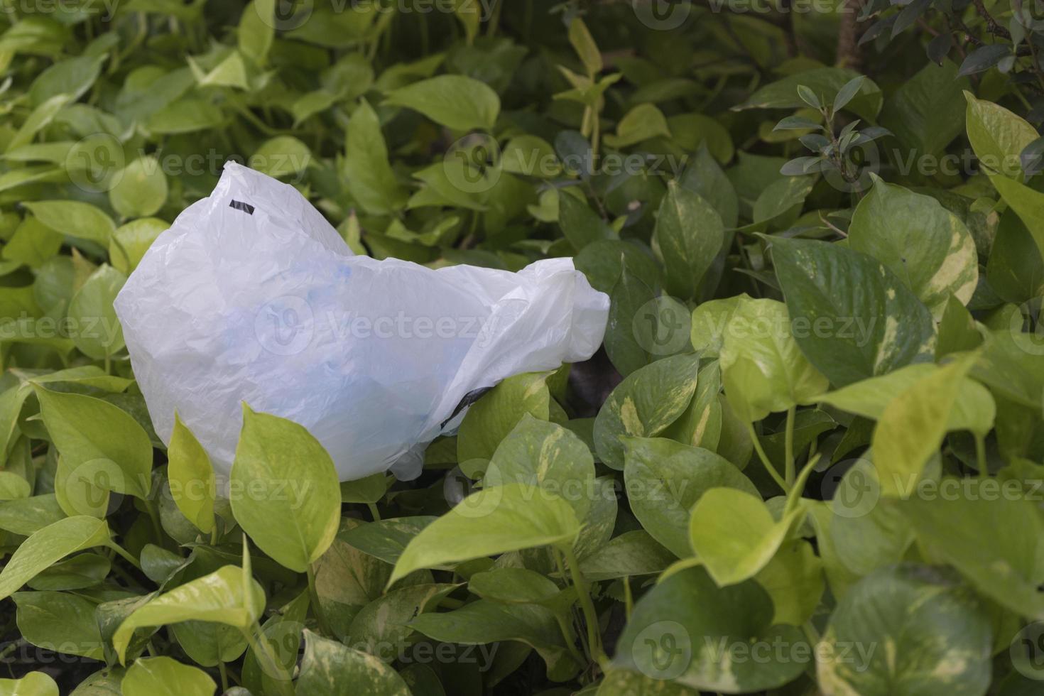 una bolsa de plástico tirada en el jardín foto