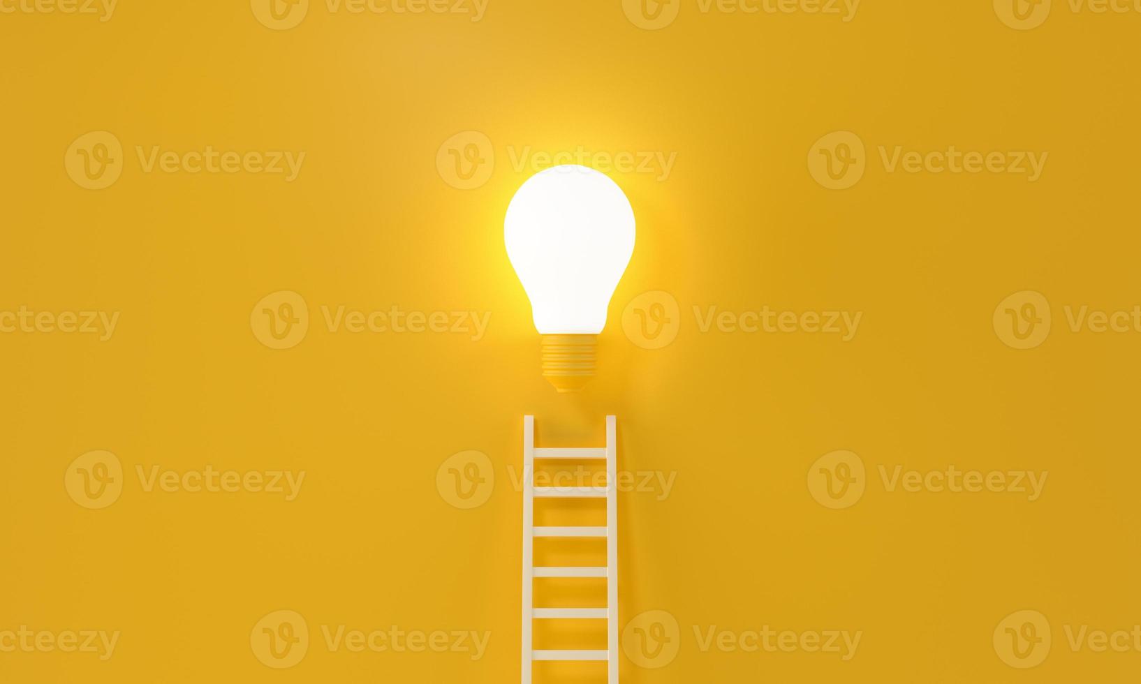 Ladder reaches up to a lit light bulb representing an Idea, creativity, invention concept. 3d rendering. photo