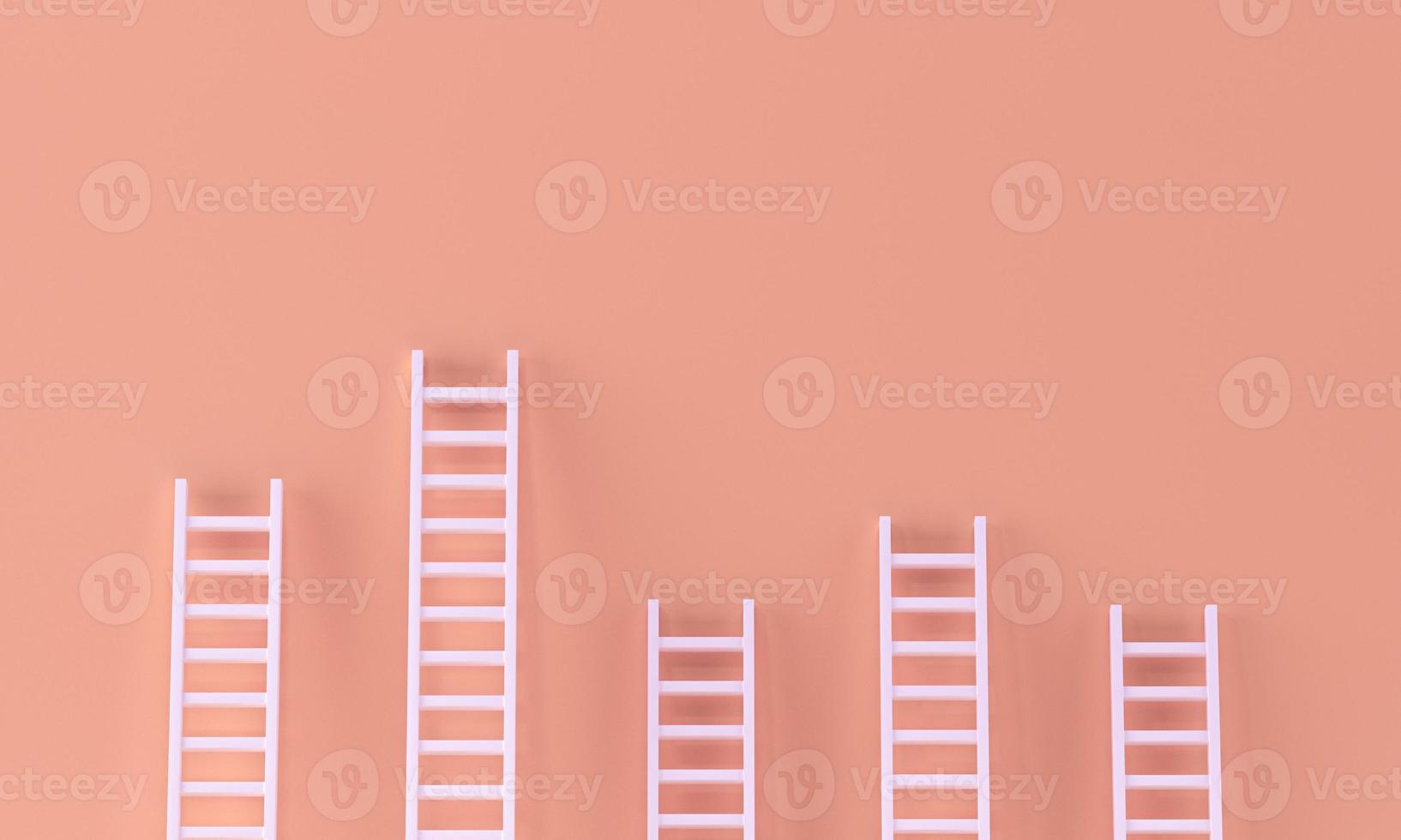 colección aleatoria de escaleras con una que sobresale de una pared de color naranja pastel. liderazgo, concepto de éxito con espacios de copia de texto. representación 3d foto