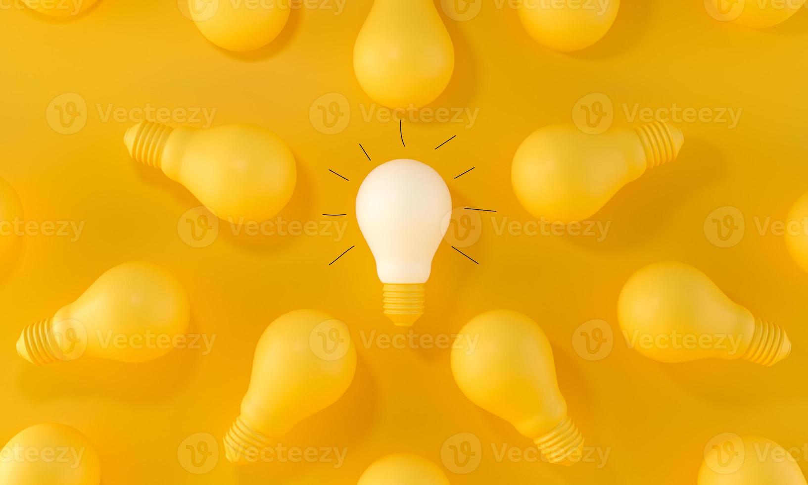 Glowing Light Bulb between the others with handmade gloss lines. ideas, Leadership, innovation and individuality concepts. 3d rendering. photo