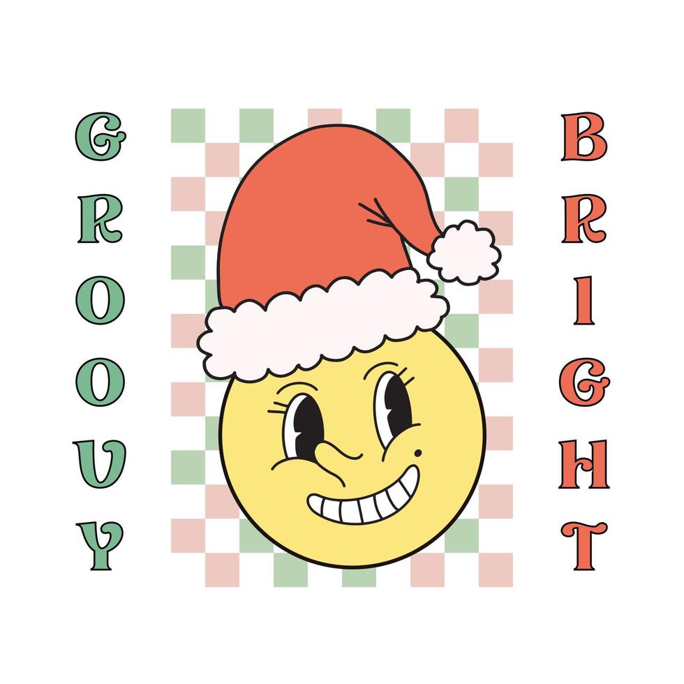 Cute happy face with smile circle symbol with Christmas red Santa hat. Groovy and Bright. Vector illustration isolated on white background. Cute y2k greeting card winter holiday checkered pattern