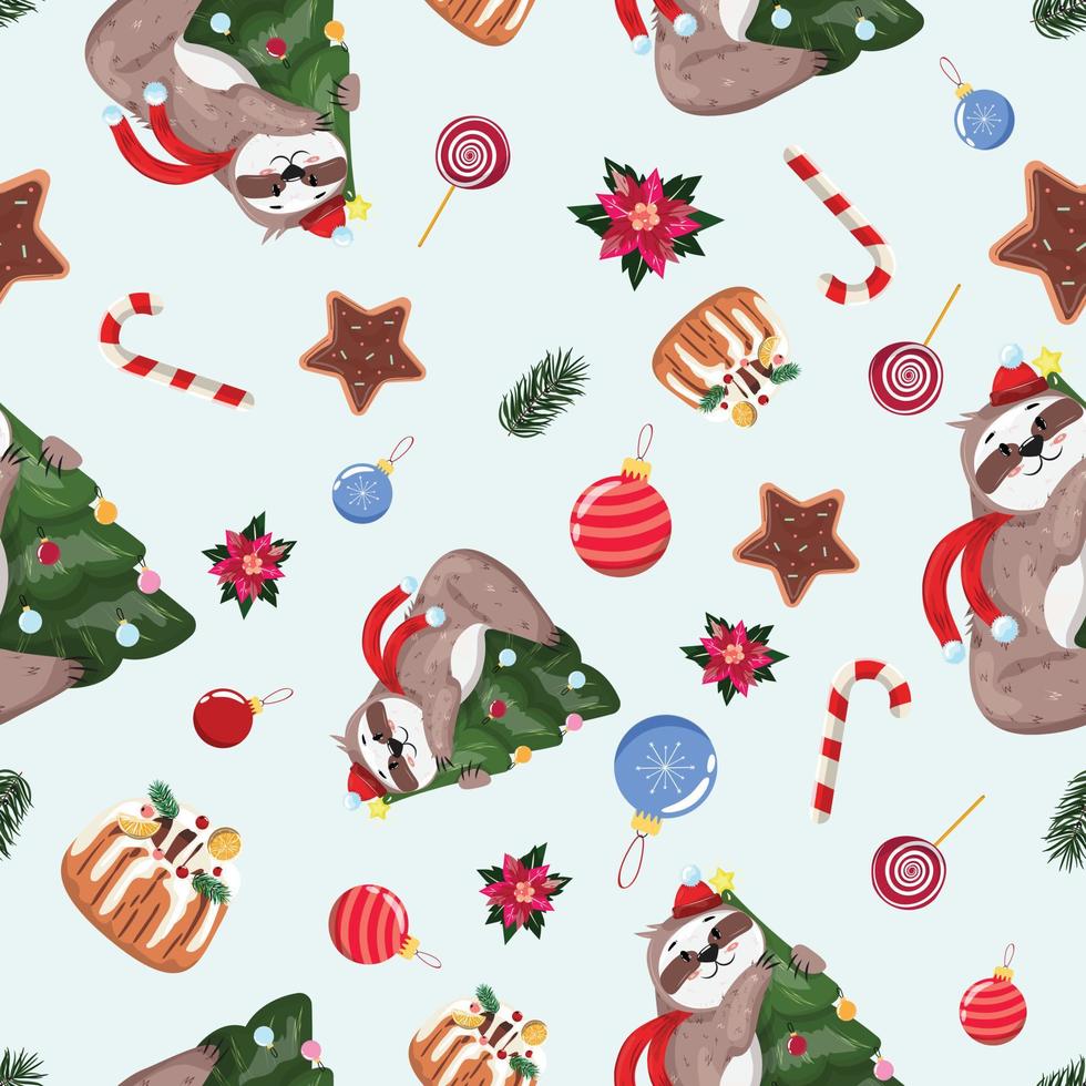 patrón sin fisuras de navidad con un perezoso con un árbol de navidad y elementos decorativos de navidad. para textil, papel de envolver, fondo, embalaje. patrón transparente de vector. vector