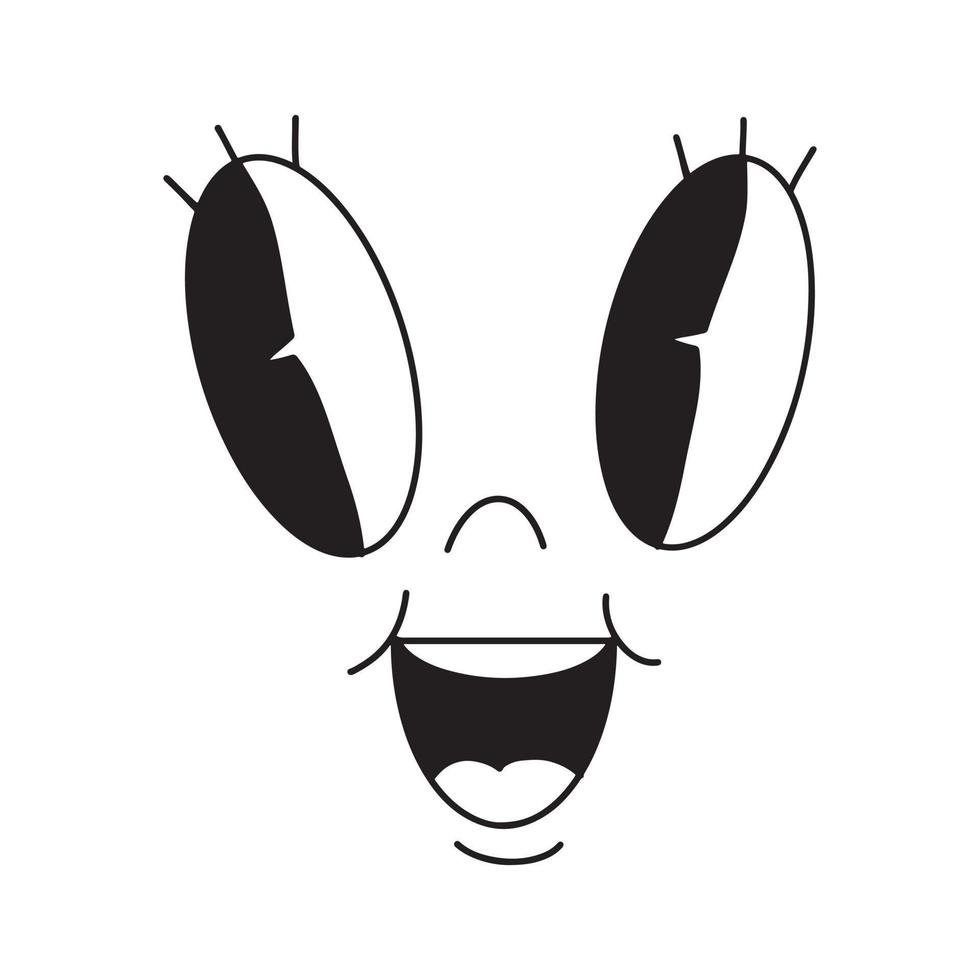 cara feliz cómica de dibujos animados retro con sonrisa. cara de garabato de tinta negra simple con ojos, nariz. la cabeza del personaje de la mascota antigua de los años 30 imita el dibujo. vector