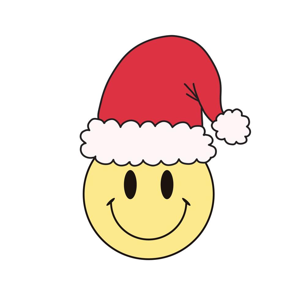 Cute happy face with smile circle symbol with Christmas red Santa hat. Vector illustration isolated on white background. Cute y2k clip art, winter holiday design element