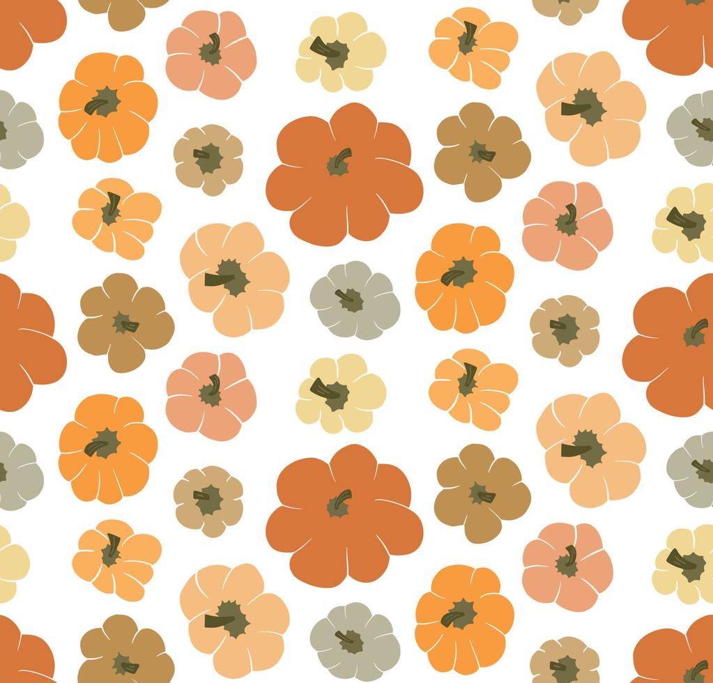 Cute vector seamless pattern background with top view pumpkins on white backdrop. Different various gourd in autumn warm color palette in simple hand drawn style. Fall wallpaper, texture