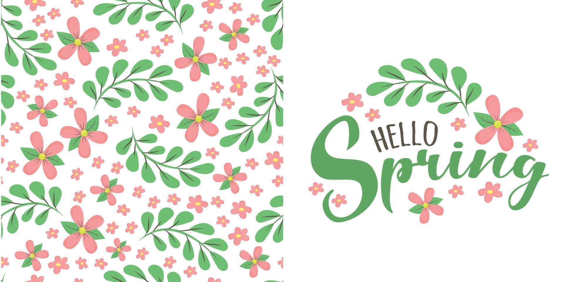 patrón floral de primavera sin costuras con flor rosa simple y hojas sobre fondo blanco y texto de letras de guión hola primavera. lindo fondo natural. idea para el diseño textil de primavera de moda. vector