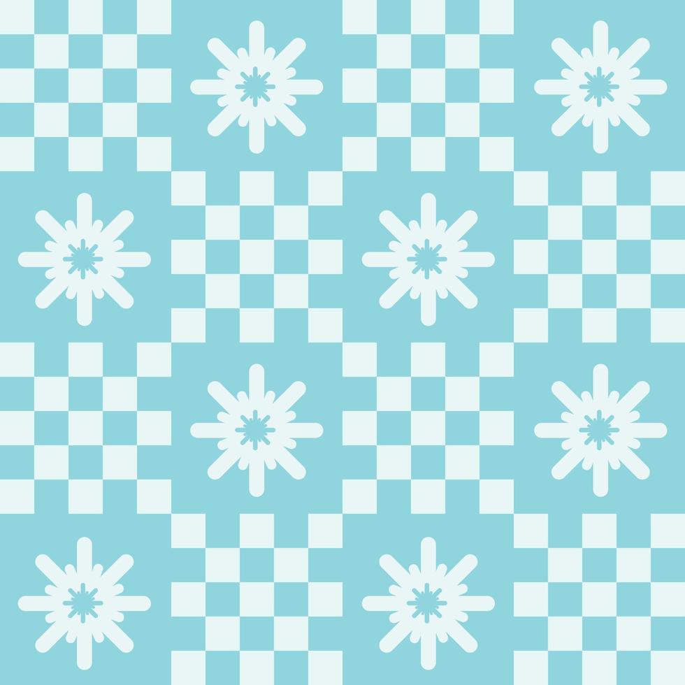 Cute y2k patchwork Christmas seamless pattern background with snowflake icon, monochrome blue checkerboard backdrop. Modern, trendy vector design, aesthetic retro vibe print for textile, wallpaper