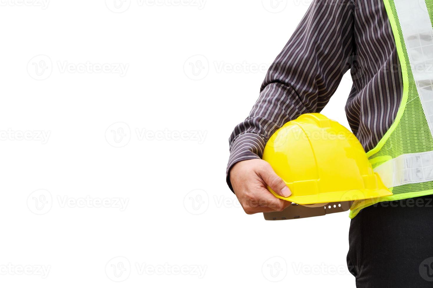 engineer worker with blueprint and safety helmet isolated on white background photo