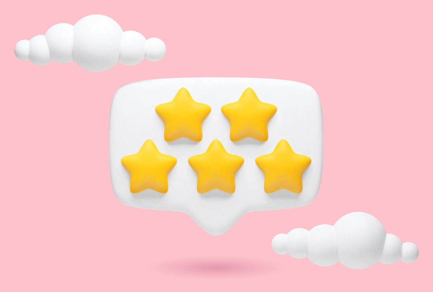 Vector 3d realistic illustration of 5-star feedback, evaluation of a product or service on a pink background with clouds