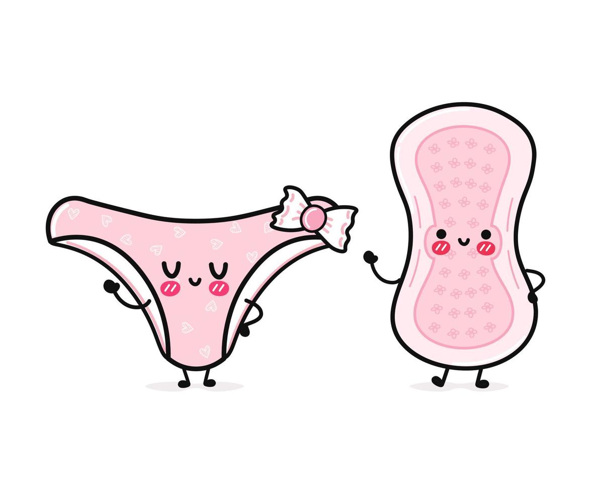 Cute, funny happy pink panties and menstrual pad. Vector hand drawn cartoon kawaii characters, illustration icon. Funny happy cartoon pink panties and menstrual pad mascot friends