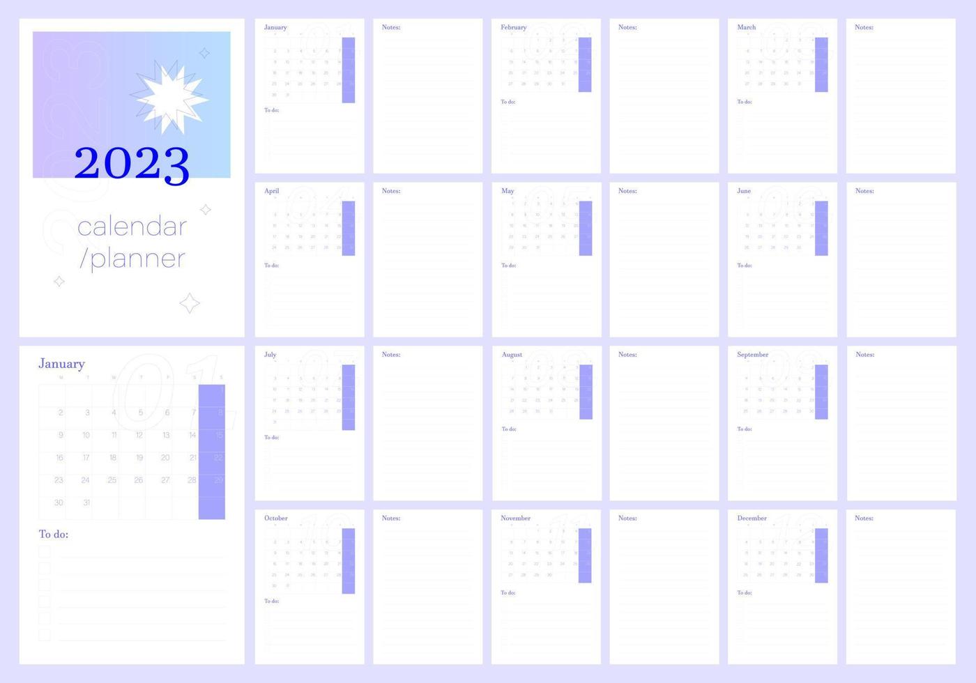 2023 calendar planner. Daily, weekly, monthly planner template. Printable to do list. Business organizer page. Paper sheet. Week starts on Monday. Trendy scheduler 12 month editable a3, a4, a5. vector