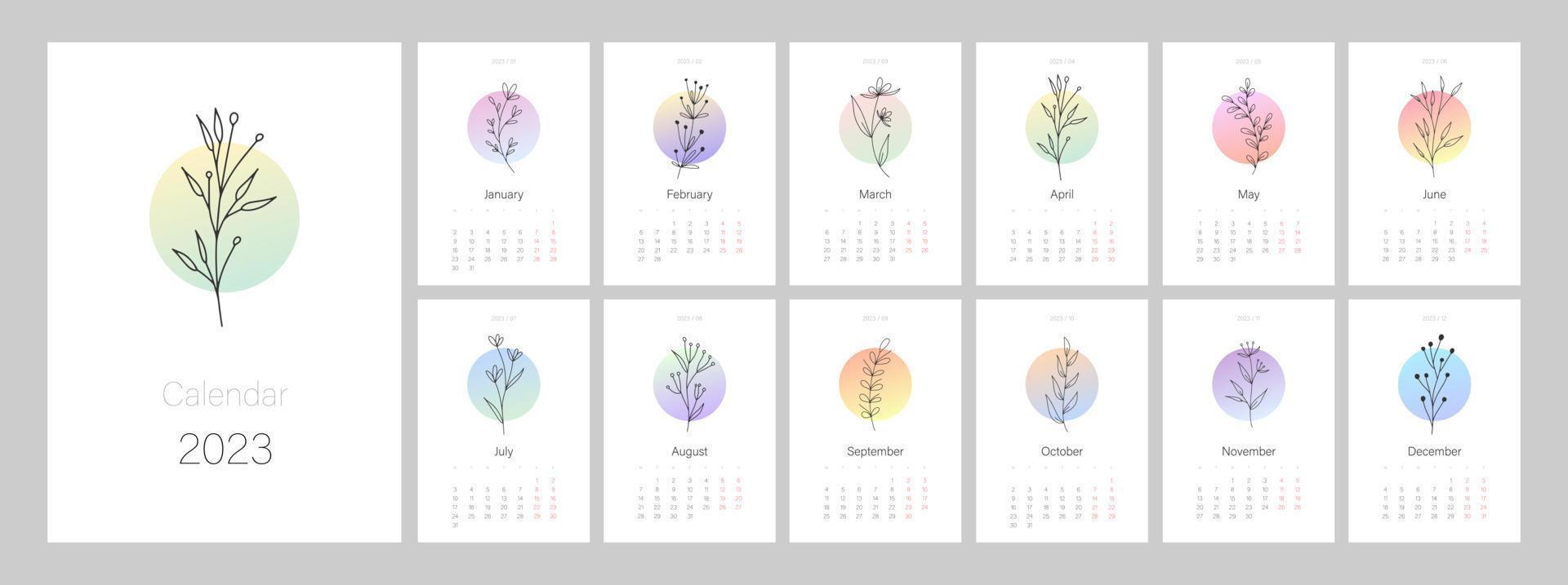 Calendar template for 2023. Vertical design with botanical line art. Natural colors. Editable illustration page template A4, A3, set of 12 months with cover. Vector mesh. Week starts on Monday.