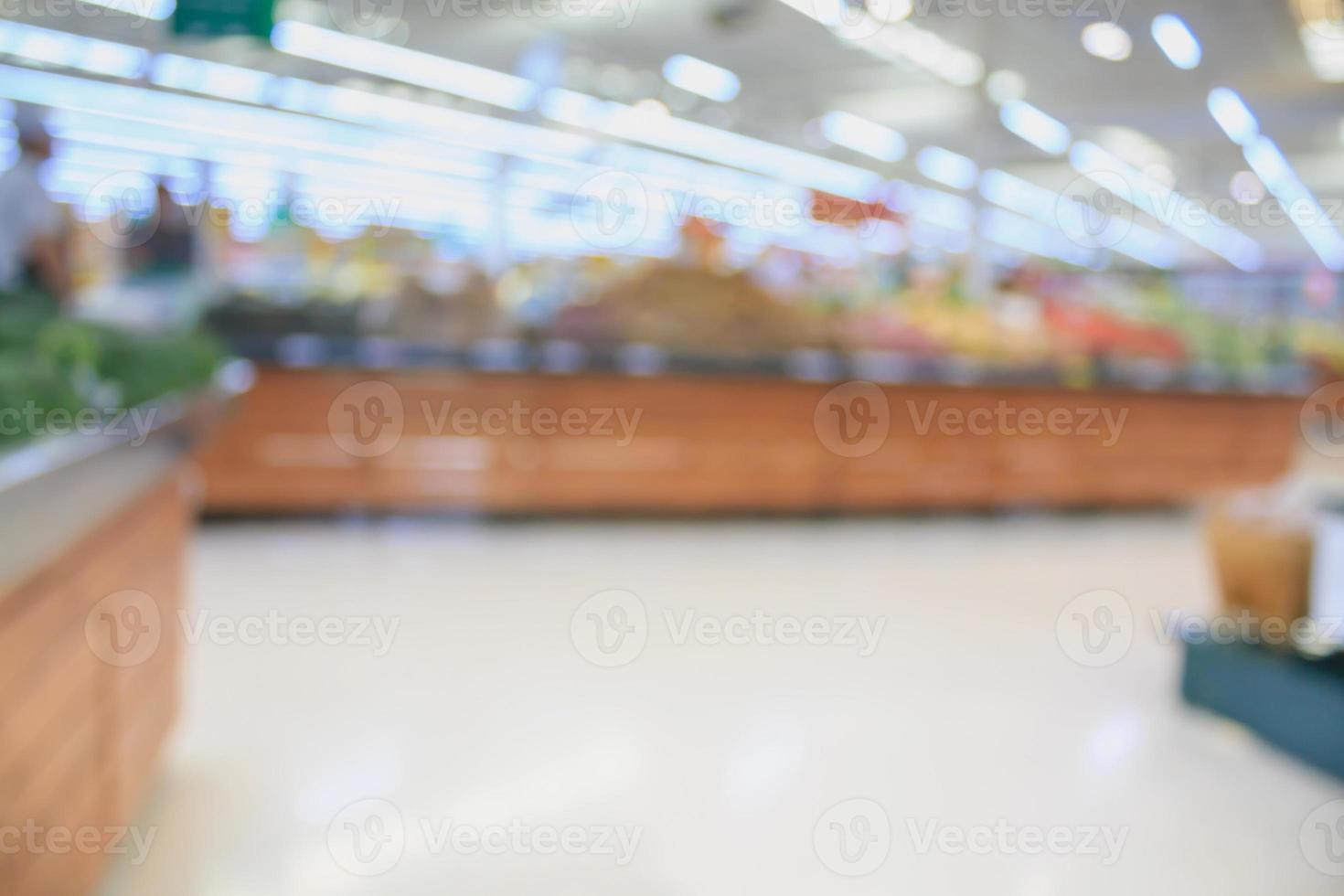 Supermarket with fresh food abstract blurred background with bokeh light photo