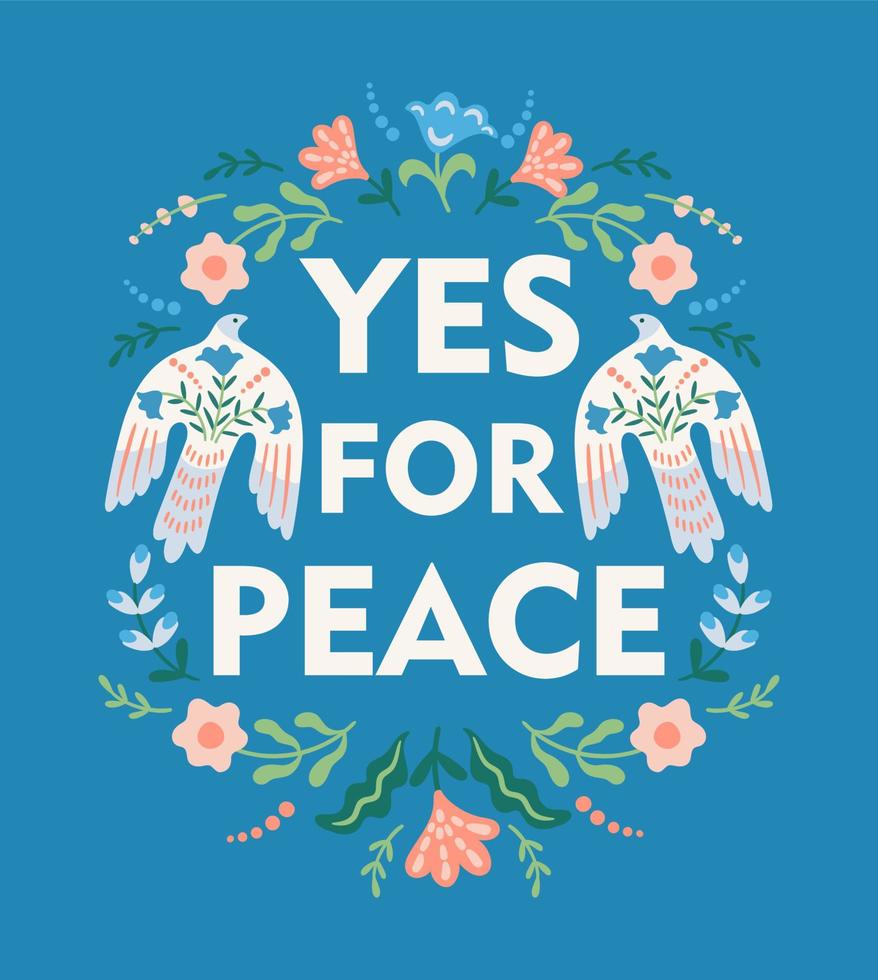 Anti war illustration. Dove of peace and flowers. Vector template for card, poster, flyer and other use
