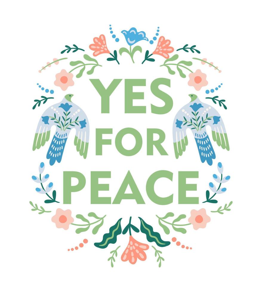 Anti war illustration. Dove of peace and flowers. Vector template for card, poster, flyer and other use