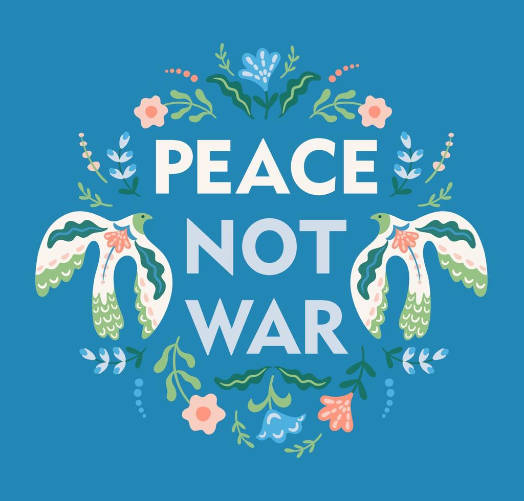 Anti war illustration. Dove of peace and flowers. Vector template for card, poster, flyer and other use