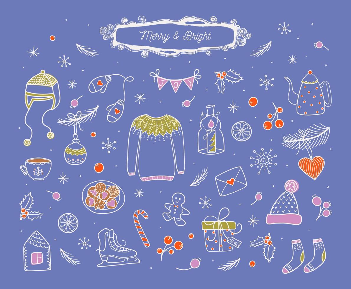 Christmas collection of decorative winter elements. Big set with hand drawn seasonal objects. Doodle style vector illustration.