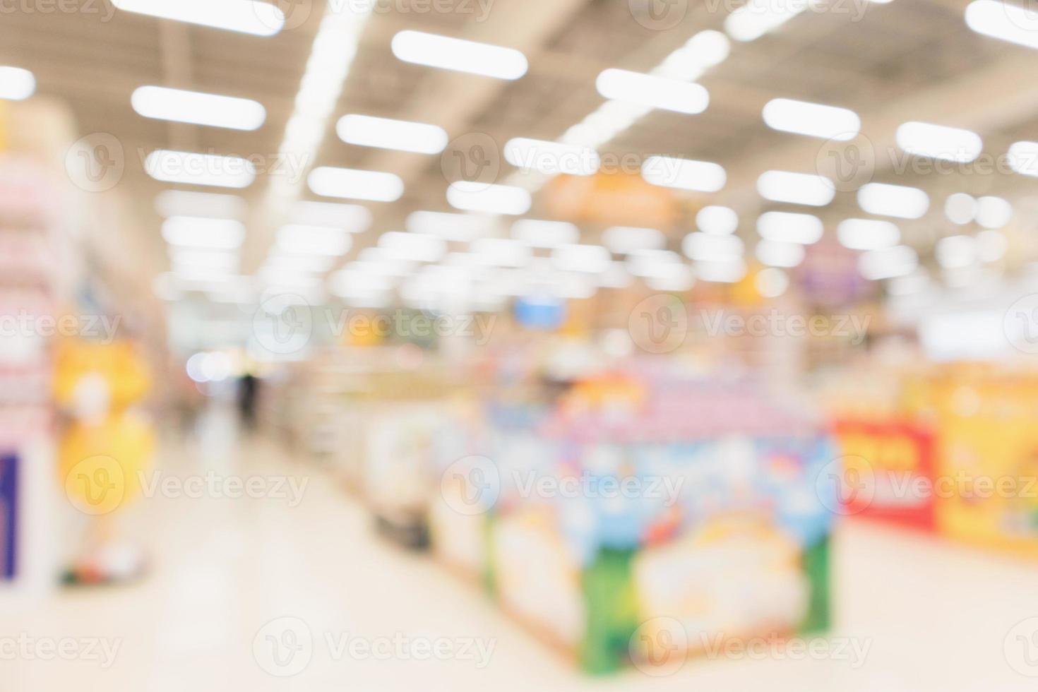 Abstract blur supermarket discount store product shelves interior defocused background photo