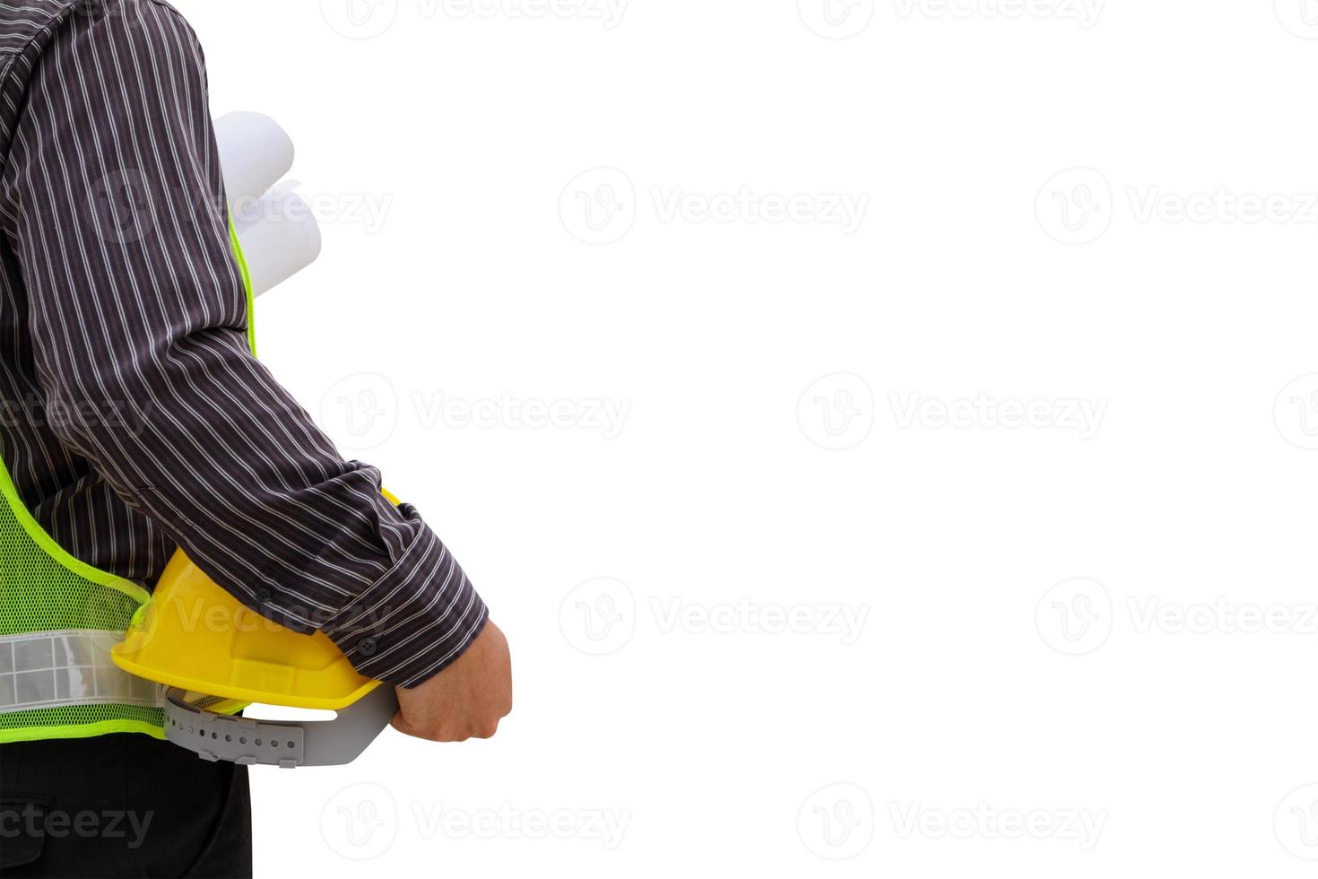 engineer worker with blueprint and safety helmet isolated on white background photo