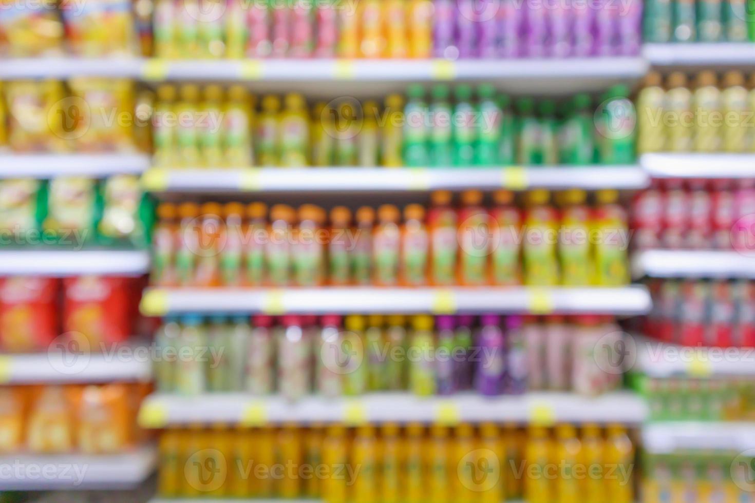 Supermarket with beverage bottle product shelves blur background photo