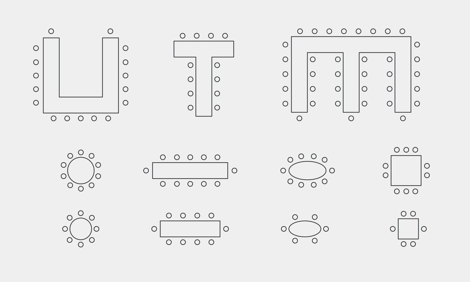 esquema de icono de línea de mesas y sillas. símbolos de muebles utilizados en la vista superior de los planos de arquitectura. ilustración vectorial vector