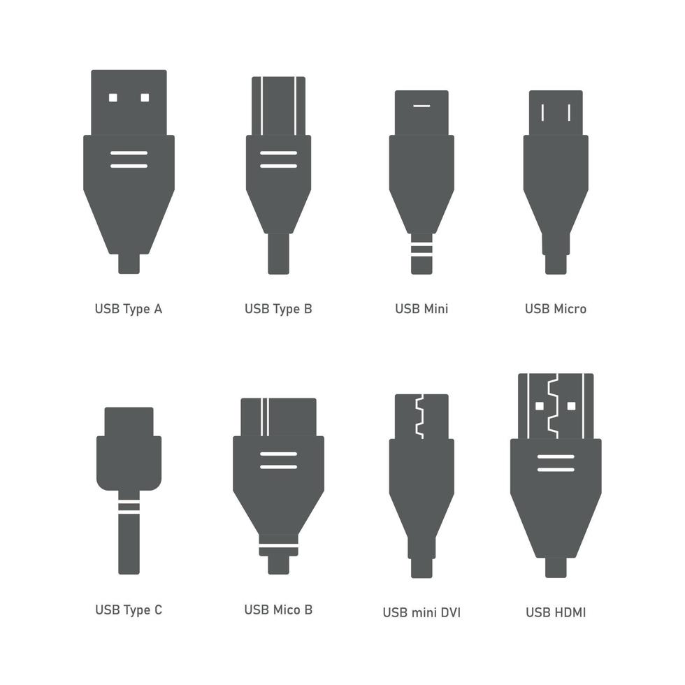 Cable connectors silhouette. USB, HDMI, ethernet icon set. Mini, micro, lightning, type A, B, C connectors. Vector illustration Transparent background