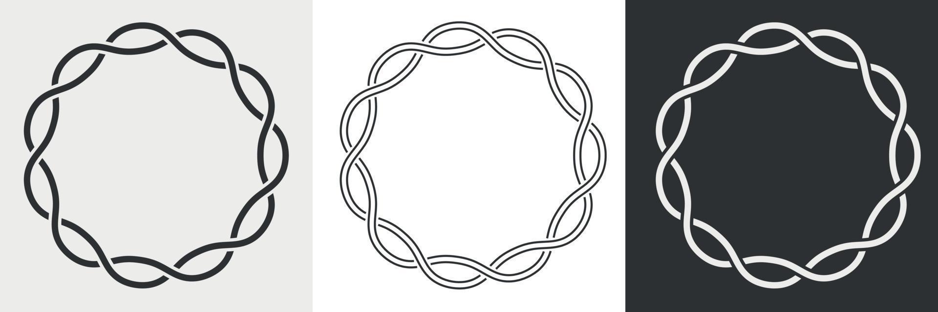 Decorative round frames. Set of circle border cord silhouette, line art and inversion. Symmetry chain logo. Vector illustration