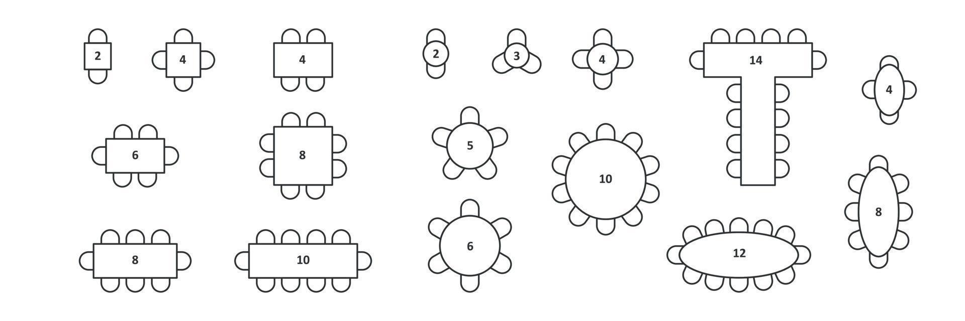 Set of plan seats in restaurant or home top view. Chairs and tables line icons. Scheme, blueprint, architectural plan. Vector illustration on white background